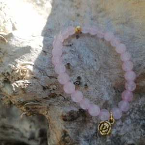 Pulsera Cuarzo Rosa Flor Dorada