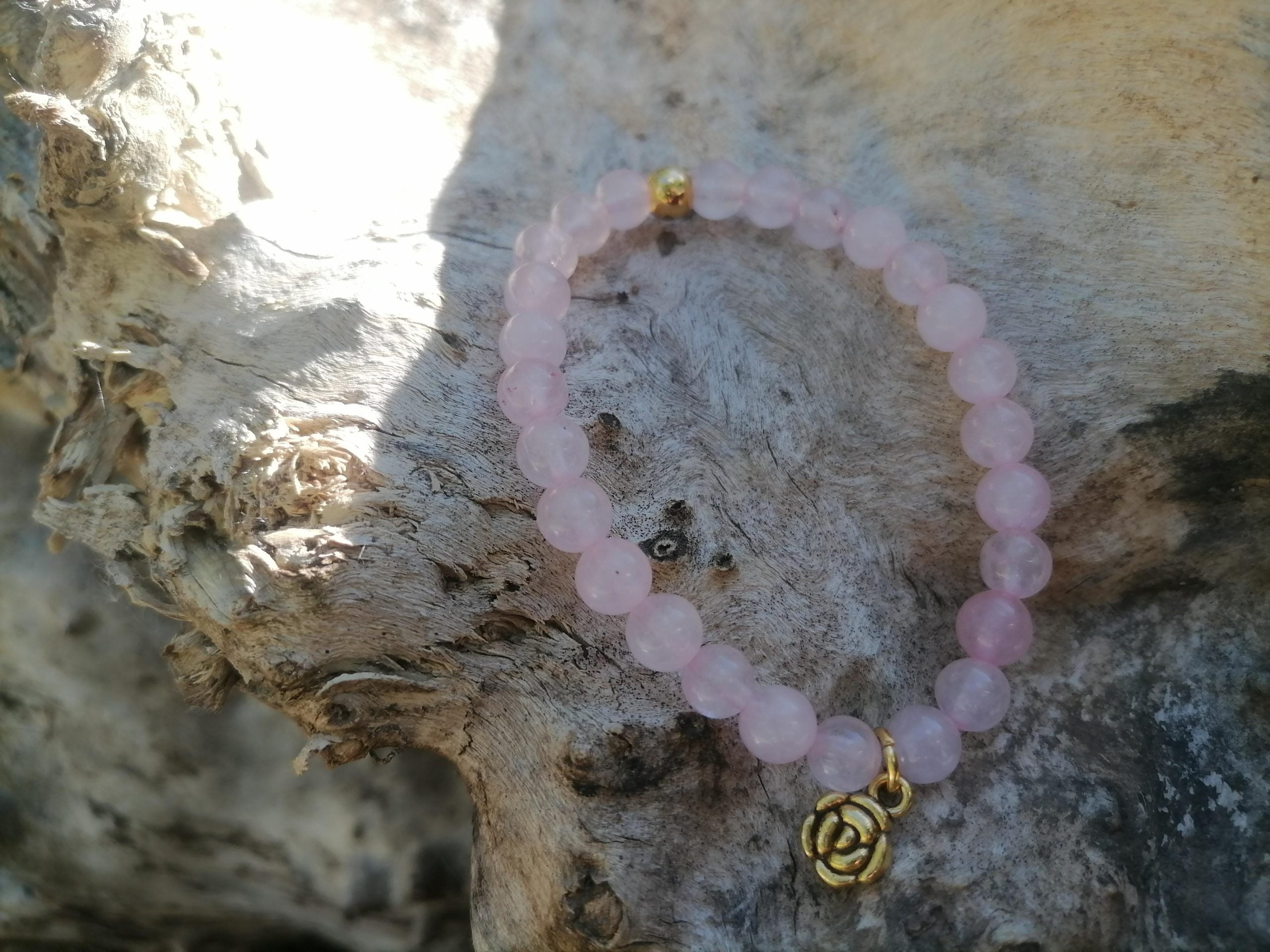 Pulsera Cuarzo Rosa Flor Dorada