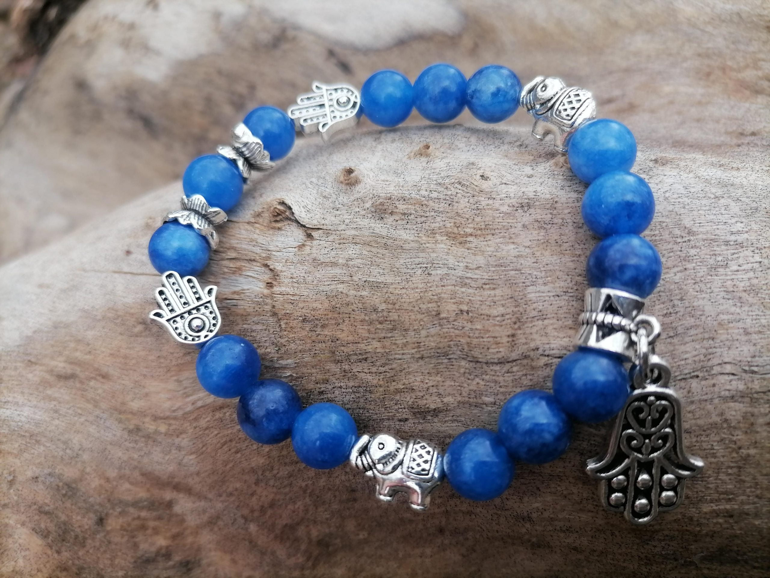 Pulsera Cianita Protección Elefantes y Mano de Fátima - Imagen 2