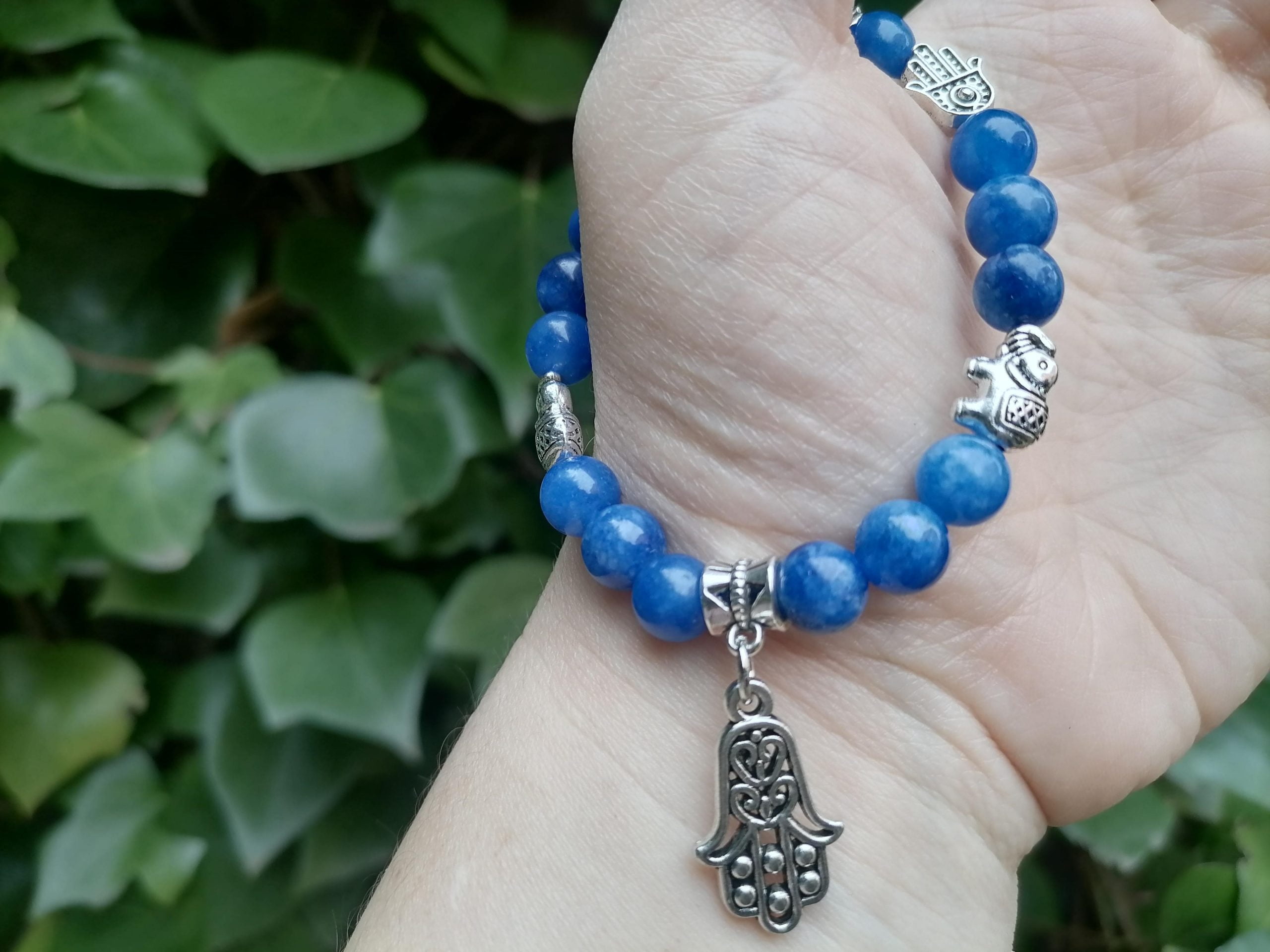 Pulsera Cianita Protección Elefantes y Mano de Fátima