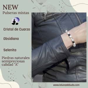Pulsera de Selenita, Obsidiana y Cristal de Cuarzo