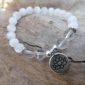 Pulsera de Selenita y Cristal de Cuarzo Flor de Loto